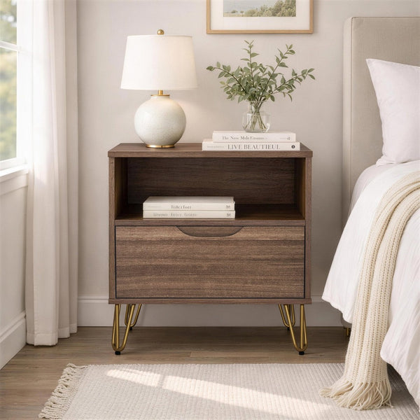 English Elm Nightstand with Single Drawer Open Shelf and Metal Legs for Modern Scandinavian Bedrooms Brown B365P504357