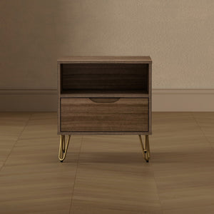English Elm Nightstand with Single Drawer Open Shelf and Metal Legs for Modern Scandinavian Bedrooms Brown B365P504357
