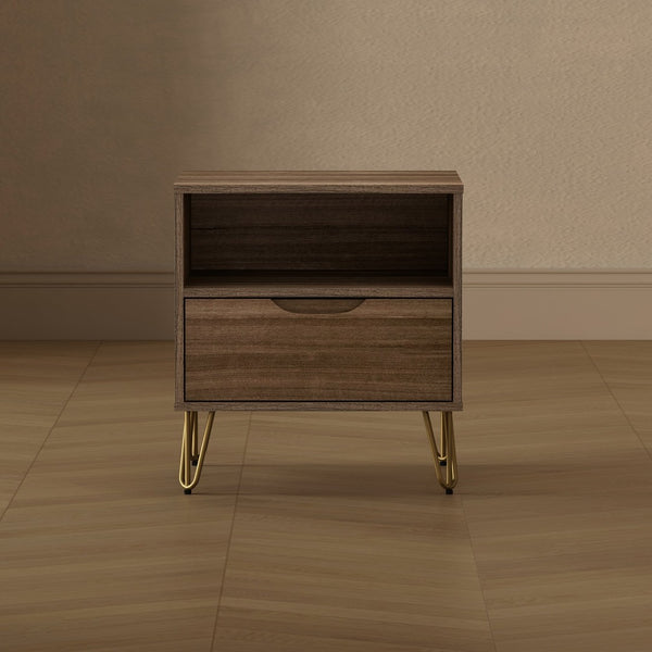 English Elm Nightstand with Single Drawer Open Shelf and Metal Legs for Modern Scandinavian Bedrooms Brown B365P504357