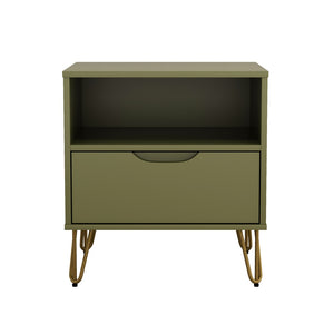 English Elm Nightstand with Single Drawer Open Shelf and Metal Legs for Modern Scandinavian Bedrooms Olive Green B365P504358