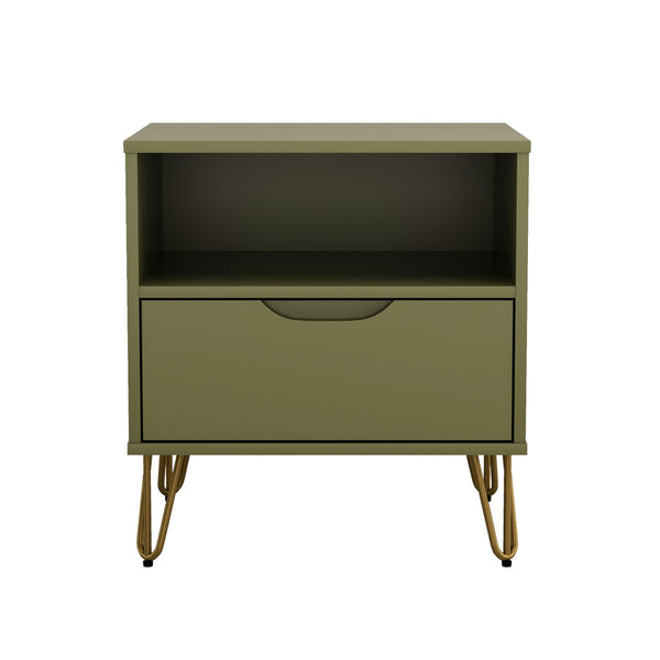 English Elm Nightstand with Single Drawer Open Shelf and Metal Legs for Modern Scandinavian Bedrooms Olive Green B365P504358
