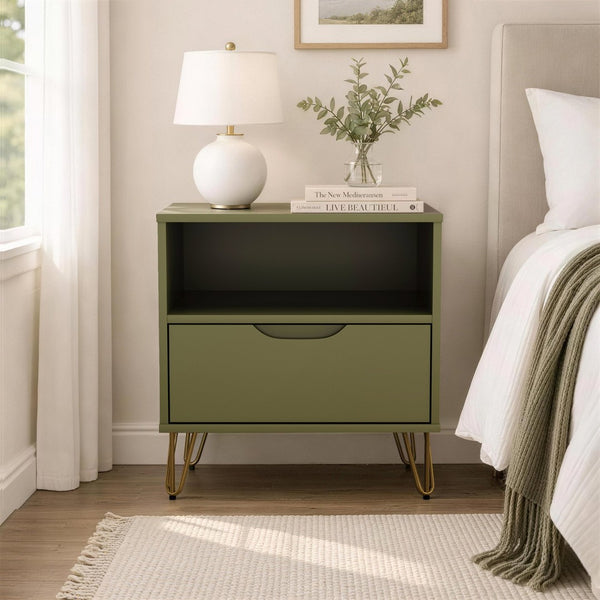 English Elm Nightstand with Single Drawer Open Shelf and Metal Legs for Modern Scandinavian Bedrooms Olive Green B365P504358