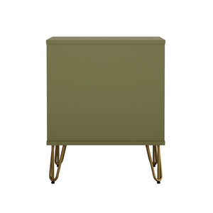 English Elm Nightstand with Single Drawer Open Shelf and Metal Legs for Modern Scandinavian Bedrooms Olive Green B365P504358