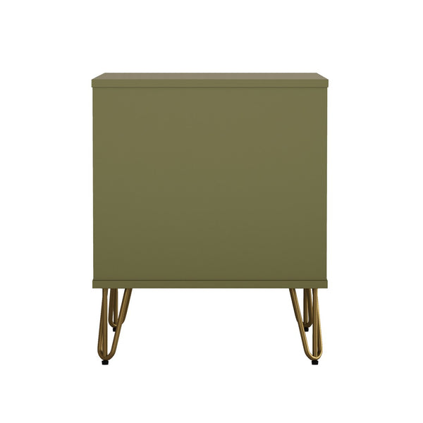 English Elm Nightstand with Single Drawer Open Shelf and Metal Legs for Modern Scandinavian Bedrooms Olive Green B365P504358