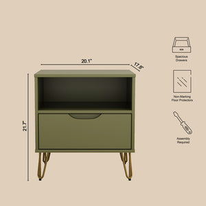 English Elm Nightstand with Single Drawer Open Shelf and Metal Legs for Modern Scandinavian Bedrooms Olive Green B365P504358