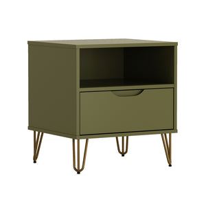 English Elm Nightstand with Single Drawer Open Shelf and Metal Legs for Modern Scandinavian Bedrooms Olive Green B365P504358