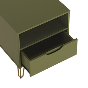 English Elm Nightstand with Single Drawer Open Shelf and Metal Legs for Modern Scandinavian Bedrooms Olive Green B365P504358