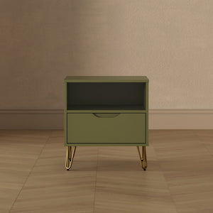 English Elm Nightstand with Single Drawer Open Shelf and Metal Legs for Modern Scandinavian Bedrooms Olive Green B365P504358