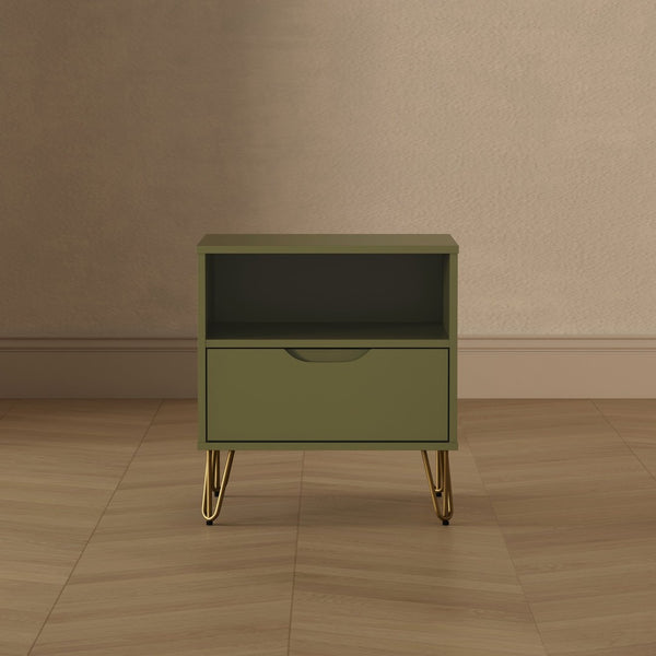 English Elm Nightstand with Single Drawer Open Shelf and Metal Legs for Modern Scandinavian Bedrooms Olive Green B365P504358