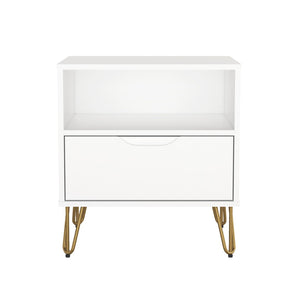 English Elm Nightstand with Single Drawer Open Shelf and Metal Legs for Modern Scandinavian Bedrooms White B365P504359