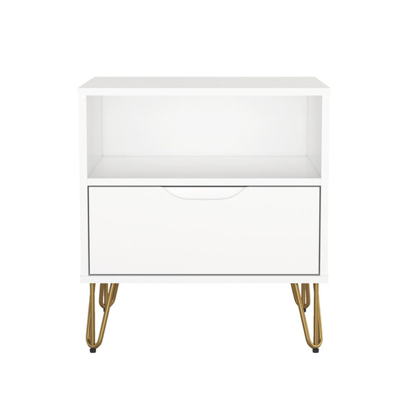 English Elm Nightstand with Single Drawer Open Shelf and Metal Legs for Modern Scandinavian Bedrooms White B365P504359