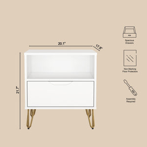 English Elm Nightstand with Single Drawer Open Shelf and Metal Legs for Modern Scandinavian Bedrooms White B365P504359