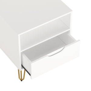 English Elm Nightstand with Single Drawer Open Shelf and Metal Legs for Modern Scandinavian Bedrooms White B365P504359