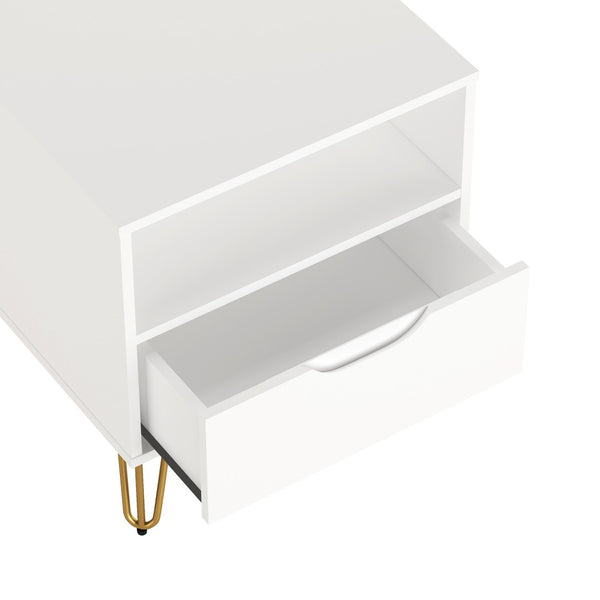English Elm Nightstand with Single Drawer Open Shelf and Metal Legs for Modern Scandinavian Bedrooms White B365P504359