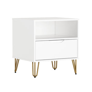 English Elm Nightstand with Single Drawer Open Shelf and Metal Legs for Modern Scandinavian Bedrooms White B365P504359
