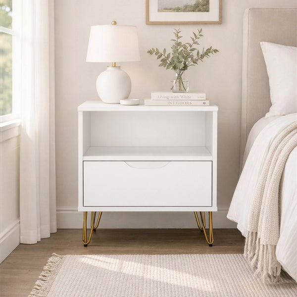 English Elm Nightstand with Single Drawer Open Shelf and Metal Legs for Modern Scandinavian Bedrooms White B365P504359