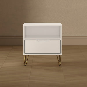 English Elm Nightstand with Single Drawer Open Shelf and Metal Legs for Modern Scandinavian Bedrooms White B365P504359
