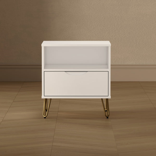 English Elm Nightstand with Single Drawer Open Shelf and Metal Legs for Modern Scandinavian Bedrooms White B365P504359