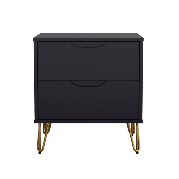 English Elm Nightstand with Two Drawers Slim Metal Legs Wood Grain Finish for Modern Bedrooms Black B365P504360