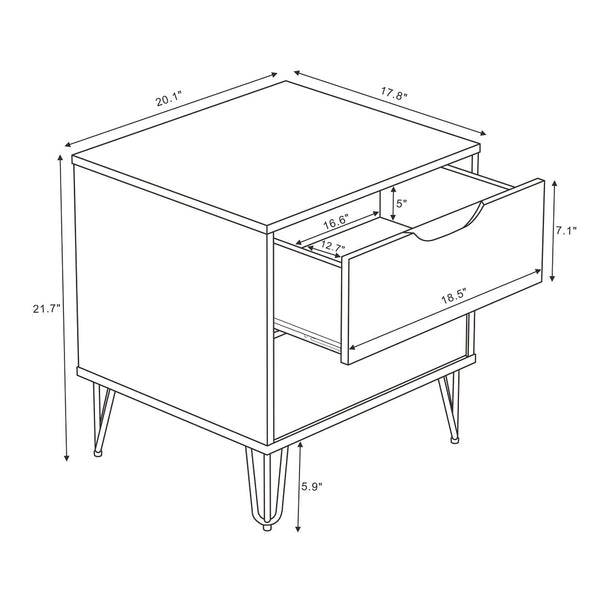 English Elm Nightstand with Two Drawers Slim Metal Legs Wood Grain Finish for Modern Bedrooms Black B365P504360