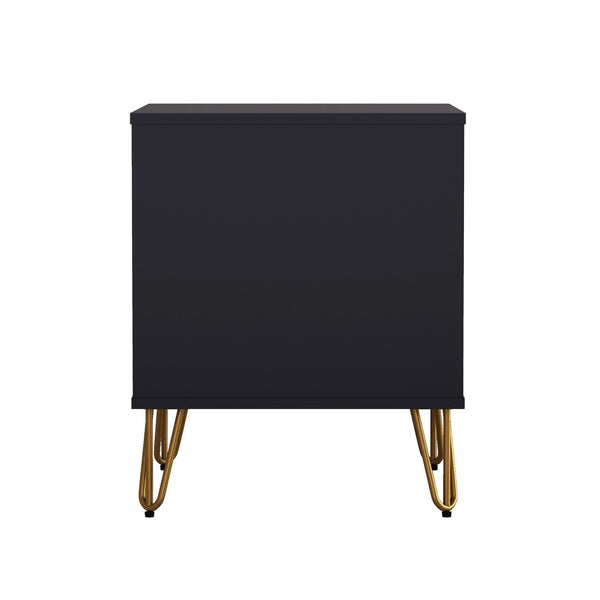 English Elm Nightstand with Two Drawers Slim Metal Legs Wood Grain Finish for Modern Bedrooms Black B365P504360