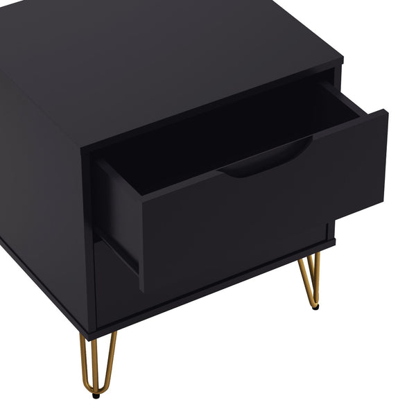 English Elm Nightstand with Two Drawers Slim Metal Legs Wood Grain Finish for Modern Bedrooms Black B365P504360
