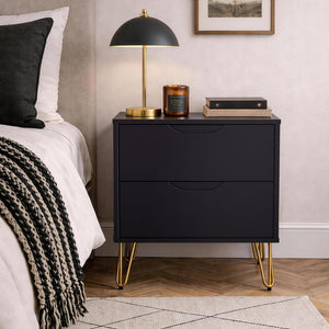 English Elm Nightstand with Two Drawers Slim Metal Legs Wood Grain Finish for Modern Bedrooms Black B365P504360