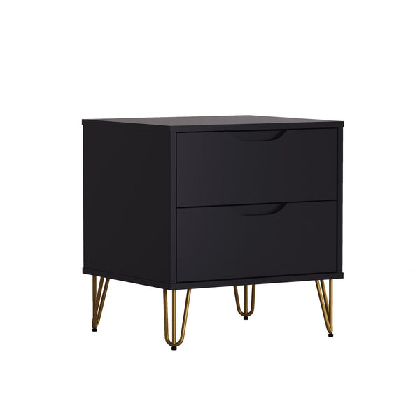 English Elm Nightstand with Two Drawers Slim Metal Legs Wood Grain Finish for Modern Bedrooms Black B365P504360