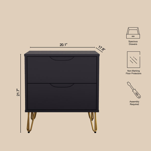 English Elm Nightstand with Two Drawers Slim Metal Legs Wood Grain Finish for Modern Bedrooms Black B365P504360