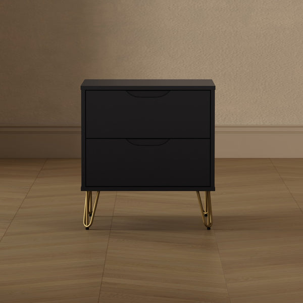 English Elm Nightstand with Two Drawers Slim Metal Legs Wood Grain Finish for Modern Bedrooms Black B365P504360