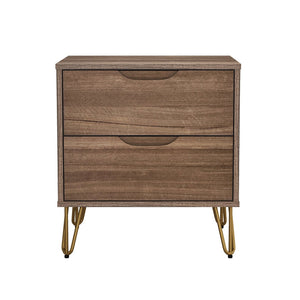 English Elm Nightstand with Two Drawers Slim Metal Legs Wood Grain Finish for Modern Bedrooms Brown B365P504361