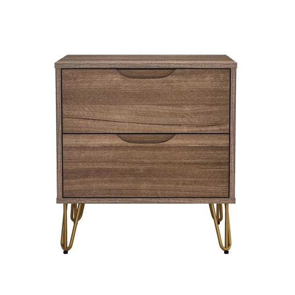 English Elm Nightstand with Two Drawers Slim Metal Legs Wood Grain Finish for Modern Bedrooms Brown B365P504361