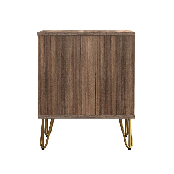 English Elm Nightstand with Two Drawers Slim Metal Legs Wood Grain Finish for Modern Bedrooms Brown B365P504361