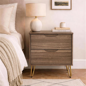 English Elm Nightstand with Two Drawers Slim Metal Legs Wood Grain Finish for Modern Bedrooms Brown B365P504361