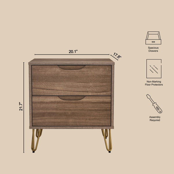 English Elm Nightstand with Two Drawers Slim Metal Legs Wood Grain Finish for Modern Bedrooms Brown B365P504361