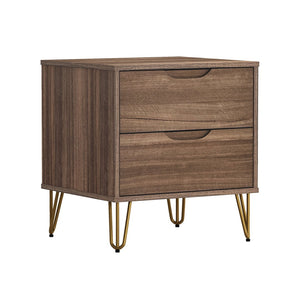 English Elm Nightstand with Two Drawers Slim Metal Legs Wood Grain Finish for Modern Bedrooms Brown B365P504361