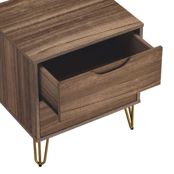 English Elm Nightstand with Two Drawers Slim Metal Legs Wood Grain Finish for Modern Bedrooms Brown B365P504361
