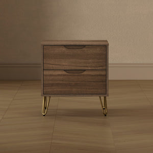 English Elm Nightstand with Two Drawers Slim Metal Legs Wood Grain Finish for Modern Bedrooms Brown B365P504361