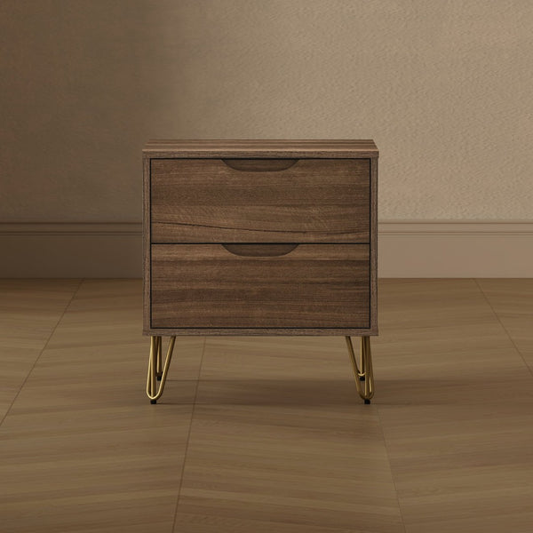 English Elm Nightstand with Two Drawers Slim Metal Legs Wood Grain Finish for Modern Bedrooms Brown B365P504361