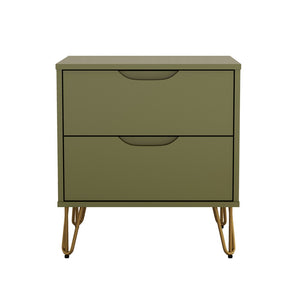English Elm Nightstand with Two Drawers Slim Metal Legs Wood Grain Finish for Modern Bedrooms Olive Green B365P504362