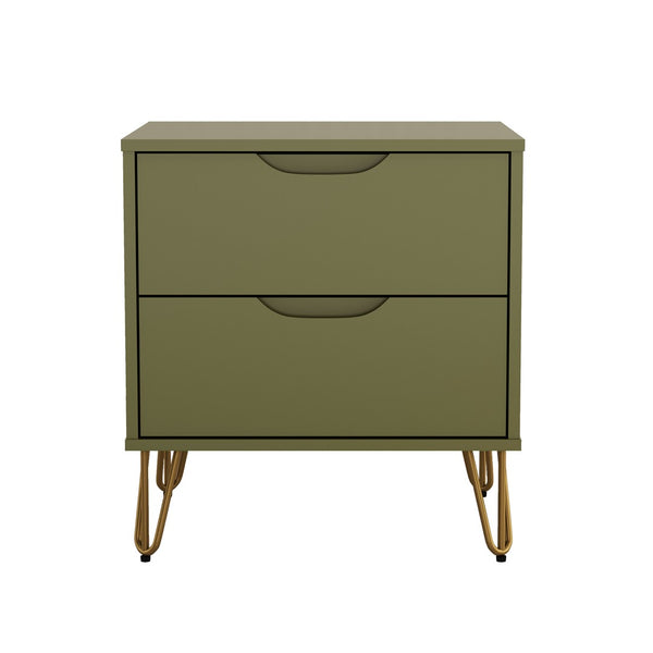 English Elm Nightstand with Two Drawers Slim Metal Legs Wood Grain Finish for Modern Bedrooms Olive Green B365P504362