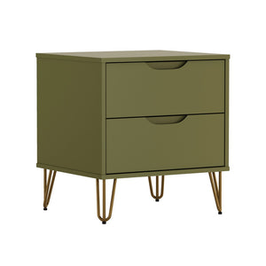 English Elm Nightstand with Two Drawers Slim Metal Legs Wood Grain Finish for Modern Bedrooms Olive Green B365P504362