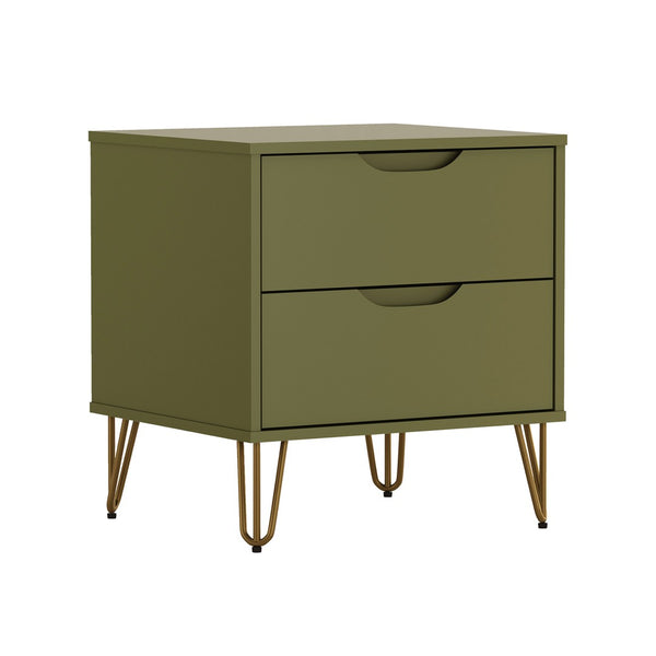 English Elm Nightstand with Two Drawers Slim Metal Legs Wood Grain Finish for Modern Bedrooms Olive Green B365P504362