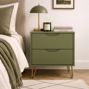English Elm Nightstand with Two Drawers Slim Metal Legs Wood Grain Finish for Modern Bedrooms Olive Green B365P504362