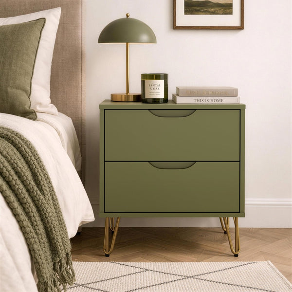English Elm Nightstand with Two Drawers Slim Metal Legs Wood Grain Finish for Modern Bedrooms Olive Green B365P504362