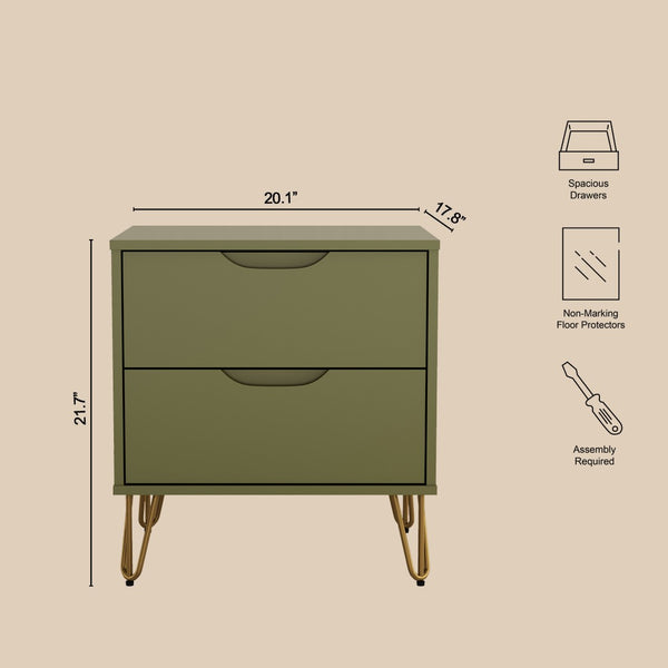 English Elm Nightstand with Two Drawers Slim Metal Legs Wood Grain Finish for Modern Bedrooms Olive Green B365P504362