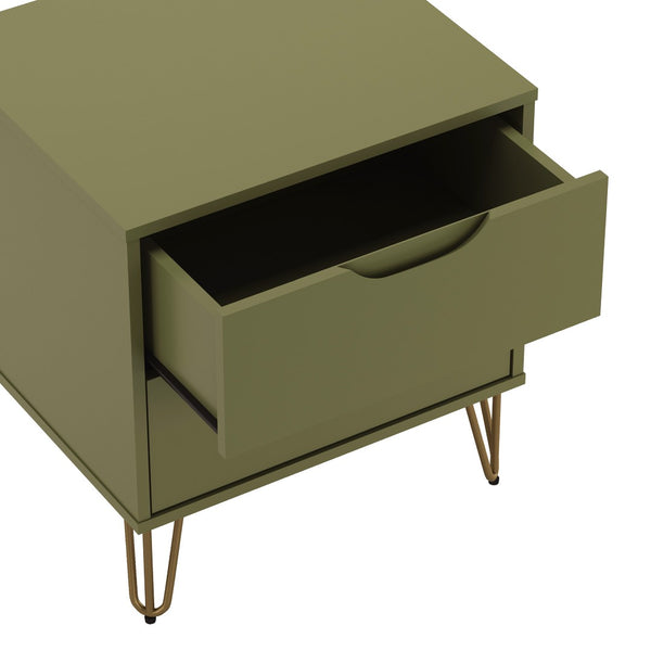English Elm Nightstand with Two Drawers Slim Metal Legs Wood Grain Finish for Modern Bedrooms Olive Green B365P504362