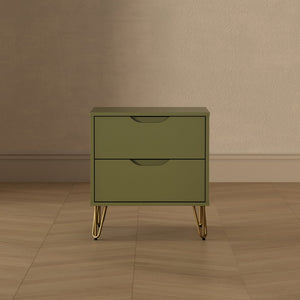 English Elm Nightstand with Two Drawers Slim Metal Legs Wood Grain Finish for Modern Bedrooms Olive Green B365P504362