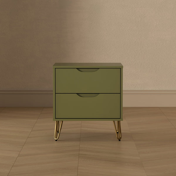 English Elm Nightstand with Two Drawers Slim Metal Legs Wood Grain Finish for Modern Bedrooms Olive Green B365P504362