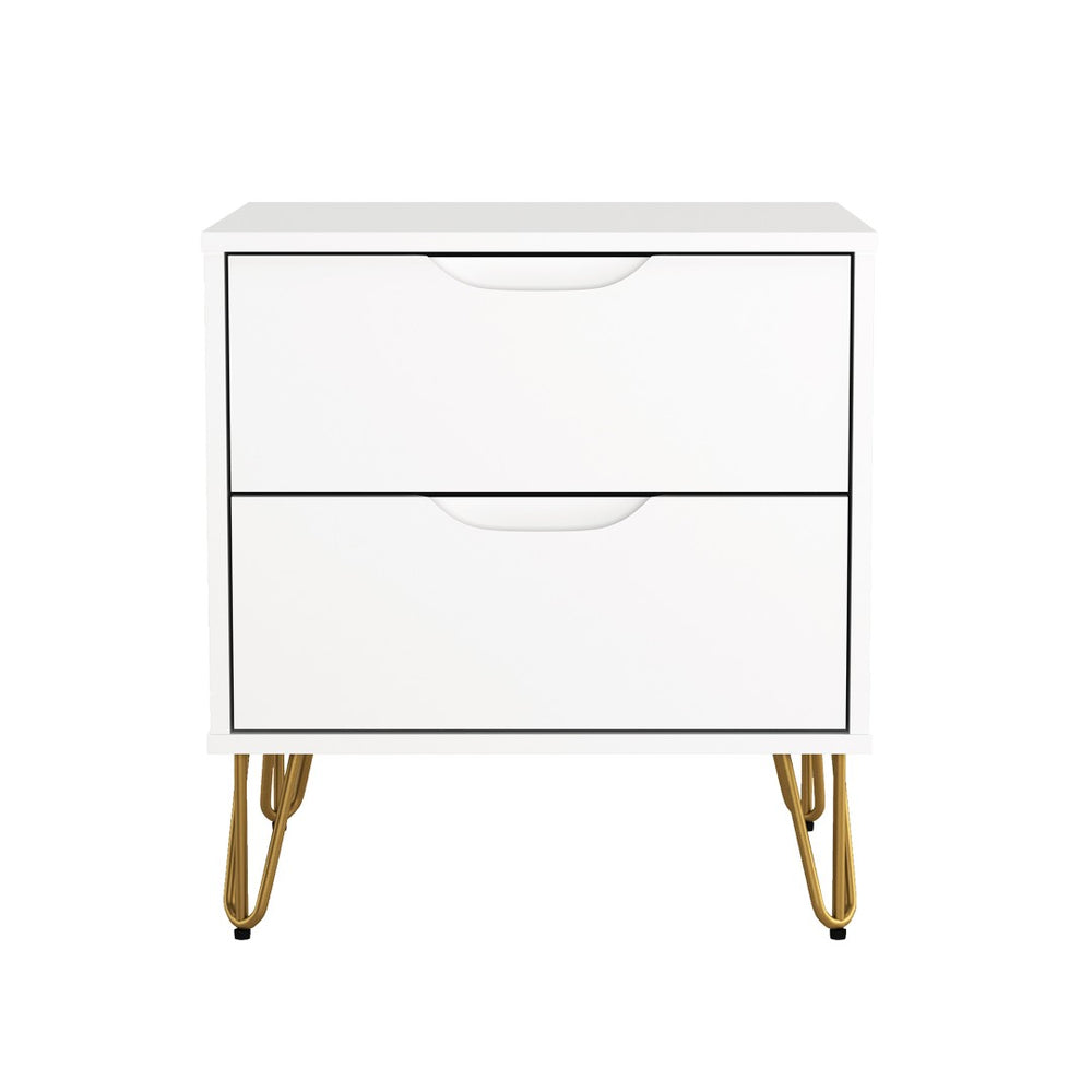 English Elm Nightstand with Two Drawers Slim Metal Legs Wood Grain Finish for Modern Bedrooms White B365P504363